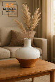 White and Cork Finish Ceramic Vase – Wide Round Decorative Flower Pot