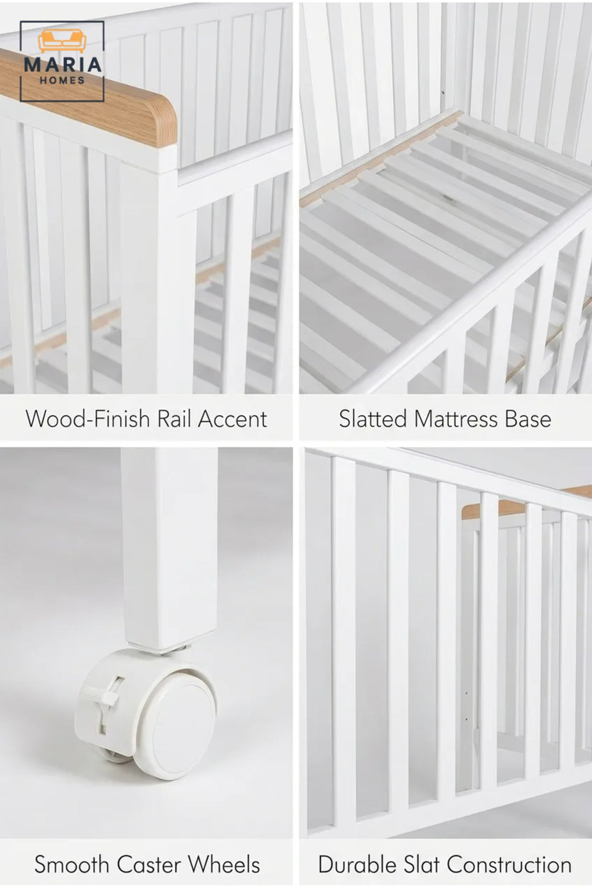 Baby Cot with Safety Rails and Lockable Wheels, Wooden Nursery Crib Bed with Slatted Sides for Newborn Babies, Infants and Toddlers