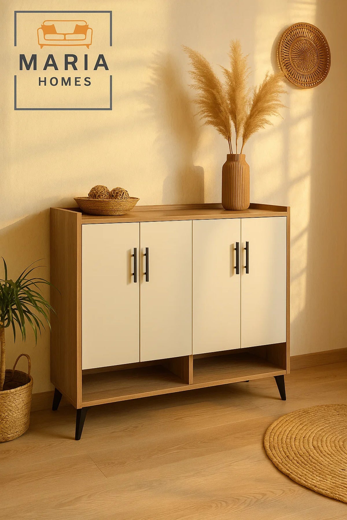 Modern 4-Door White Shoe Rack Cabinet with Open Storage Ð Stylish Wooden Shoe Organizer