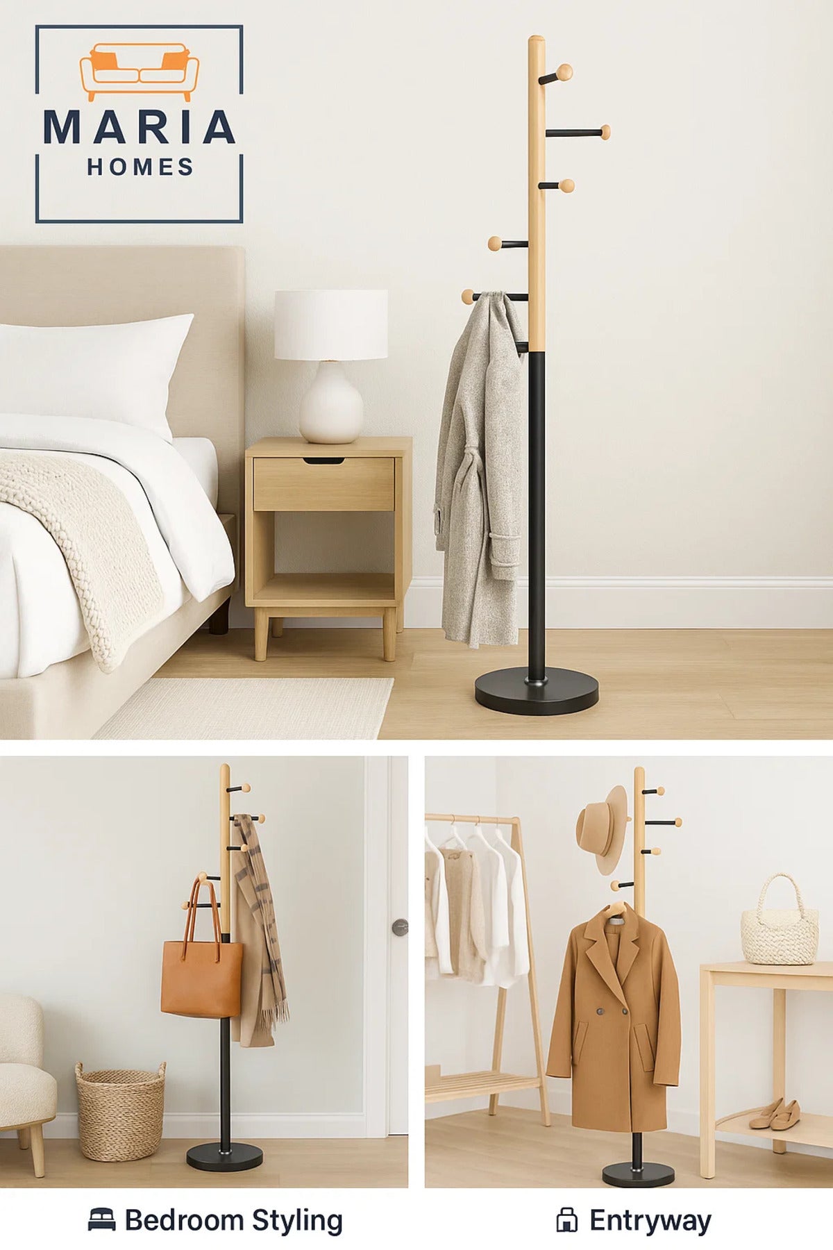 Contemporary Wooden Coat Rack with Black Metal Base and Side Hooks