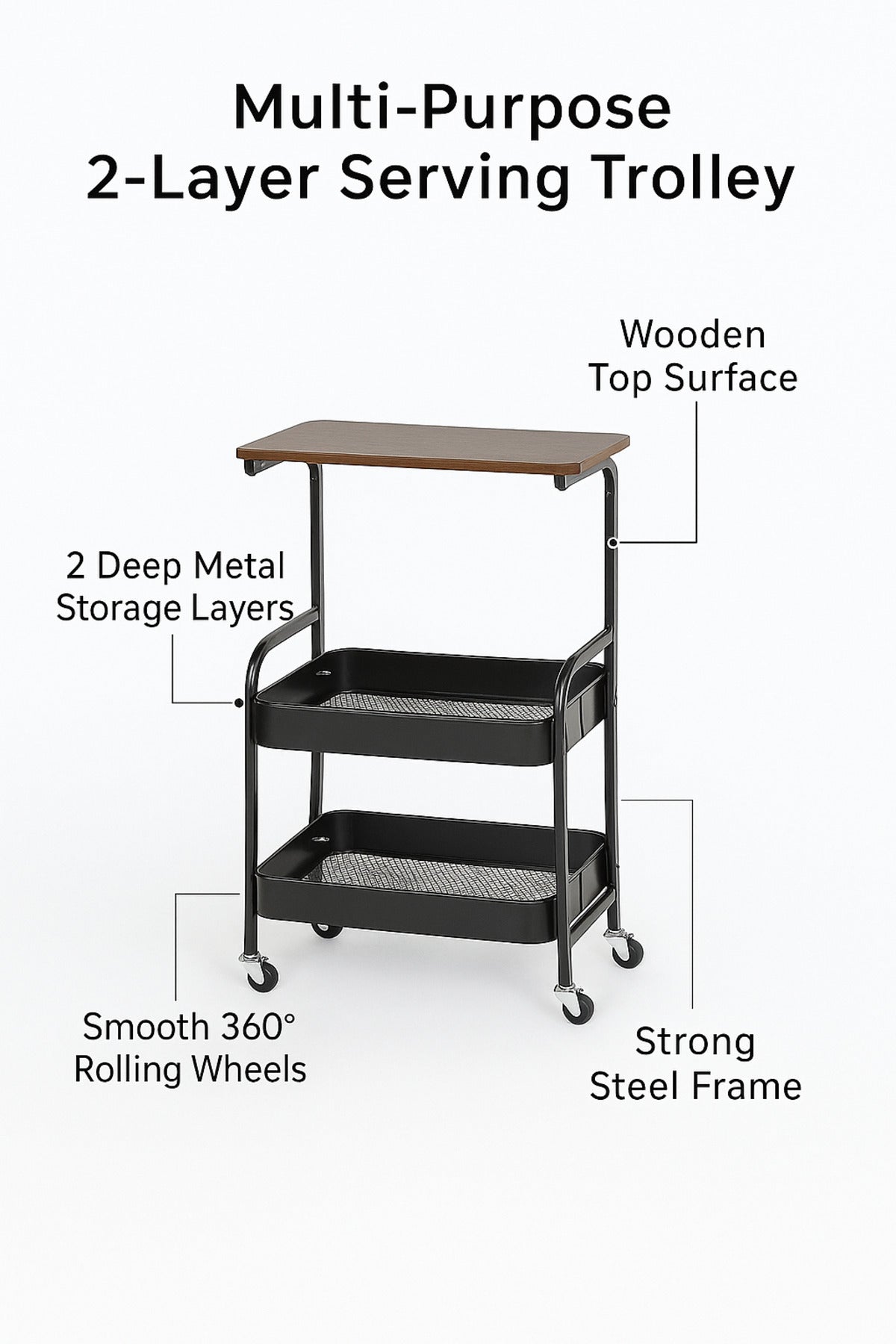 2-Tier Black Metal Storage Trolley with Wooden Top Ð Multi-Purpose Rolling Cart