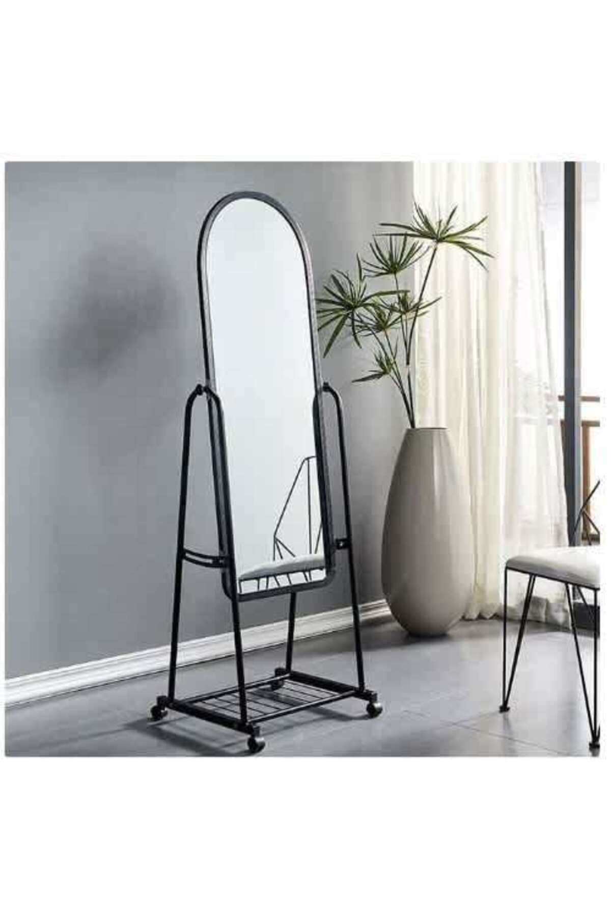 Black Full-Length Mirror with Wheels and Storage Shelf Ð Freestanding Metal Dressing Mirror Stand