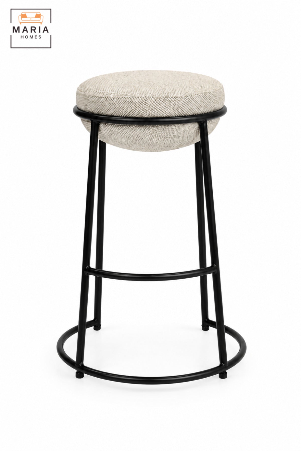 Modern Round Bar Stool with Padded Fabric Seat & Circular Footrest | Beige Upholstered High Counter Chair with Slim Black Frame for Kitchen and Café 70x33 cm