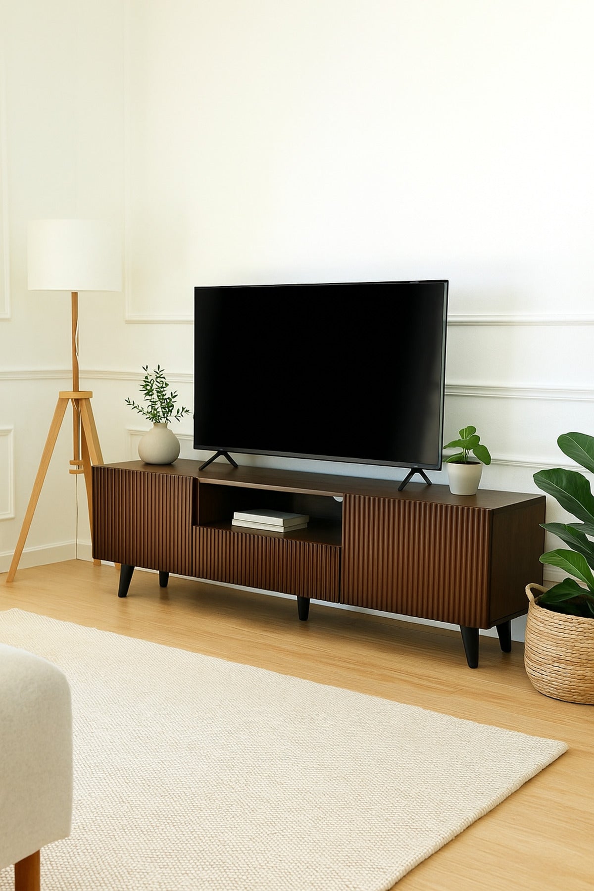 Brown Wooden TV Stand 180_40_55 cm Ð Modern Ribbed Design TV Unit with Storage Cabinets