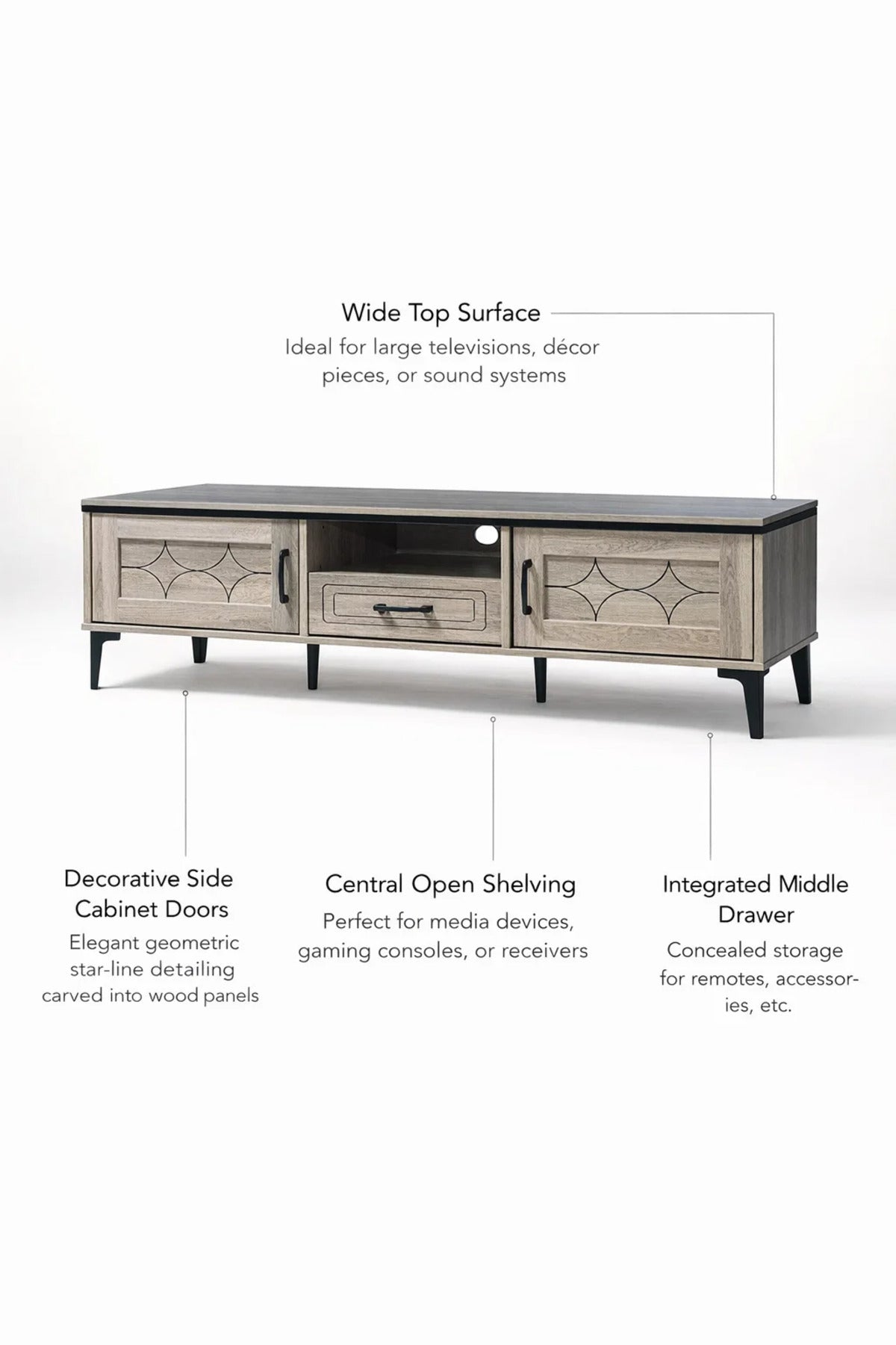 Premium 180cm Wooden TV Unit Entertainment Center with Geometric Design and Metal Legs for Home