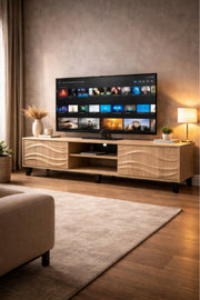 Modern Wood Finish TV Stand with Decorative Wave Panels and Storage