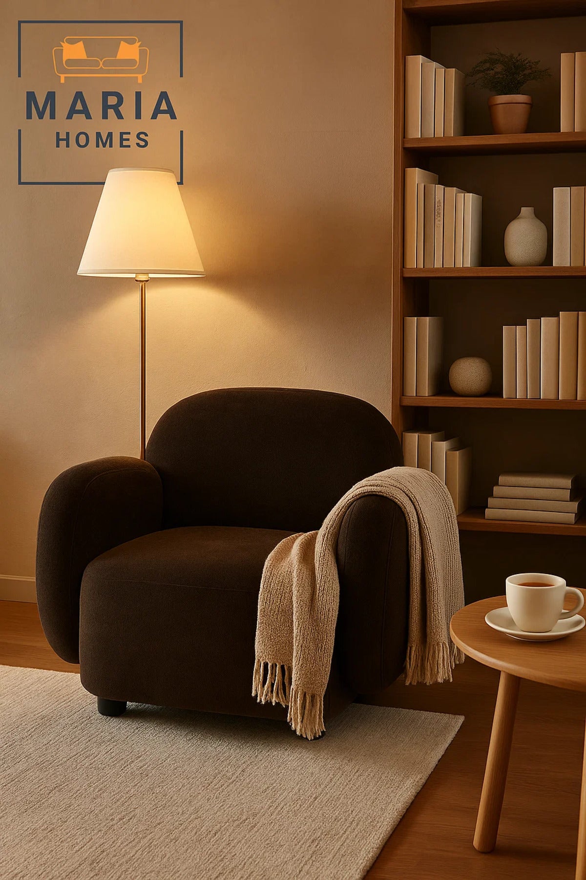 Plush Dark Brown Armchair with Rounded Back and Cushioned Arms