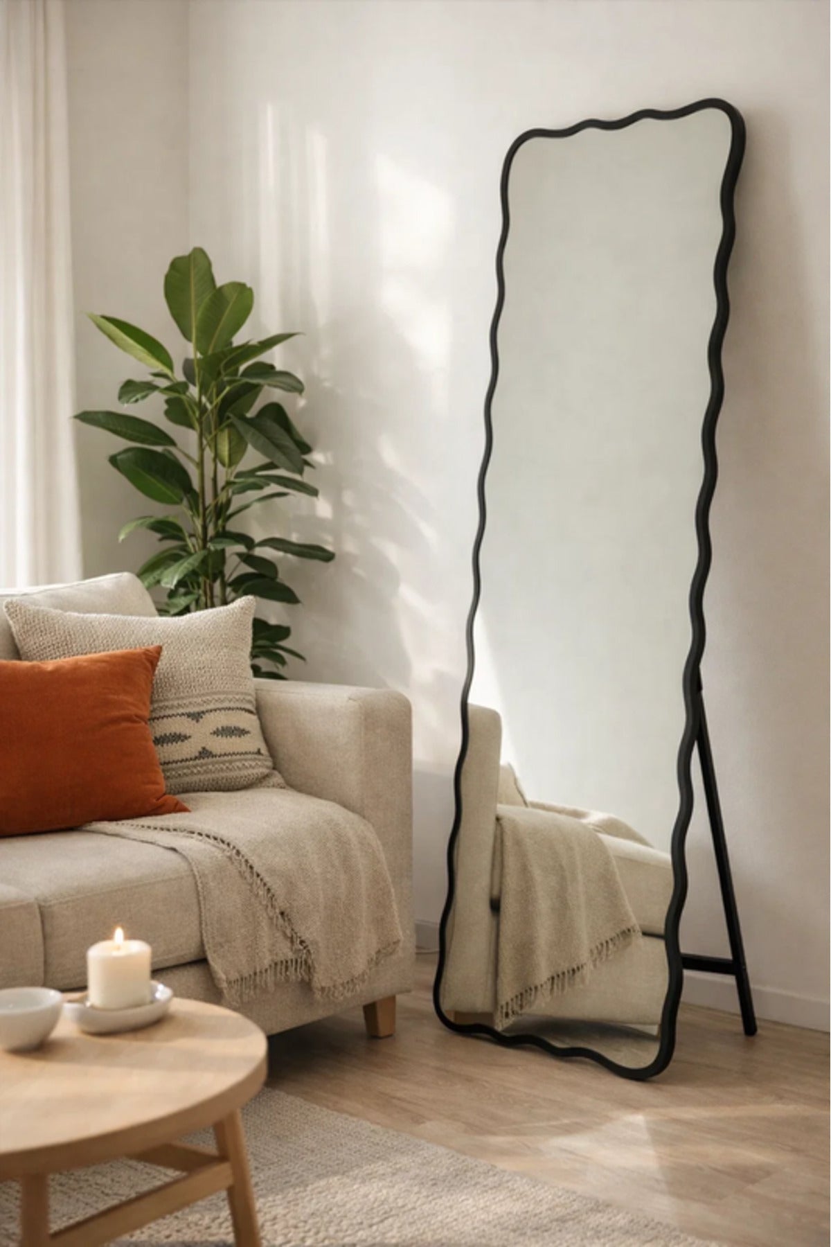 Wavy Black Frame Floor Mirror Full Length Standing Mirror for Bedroom