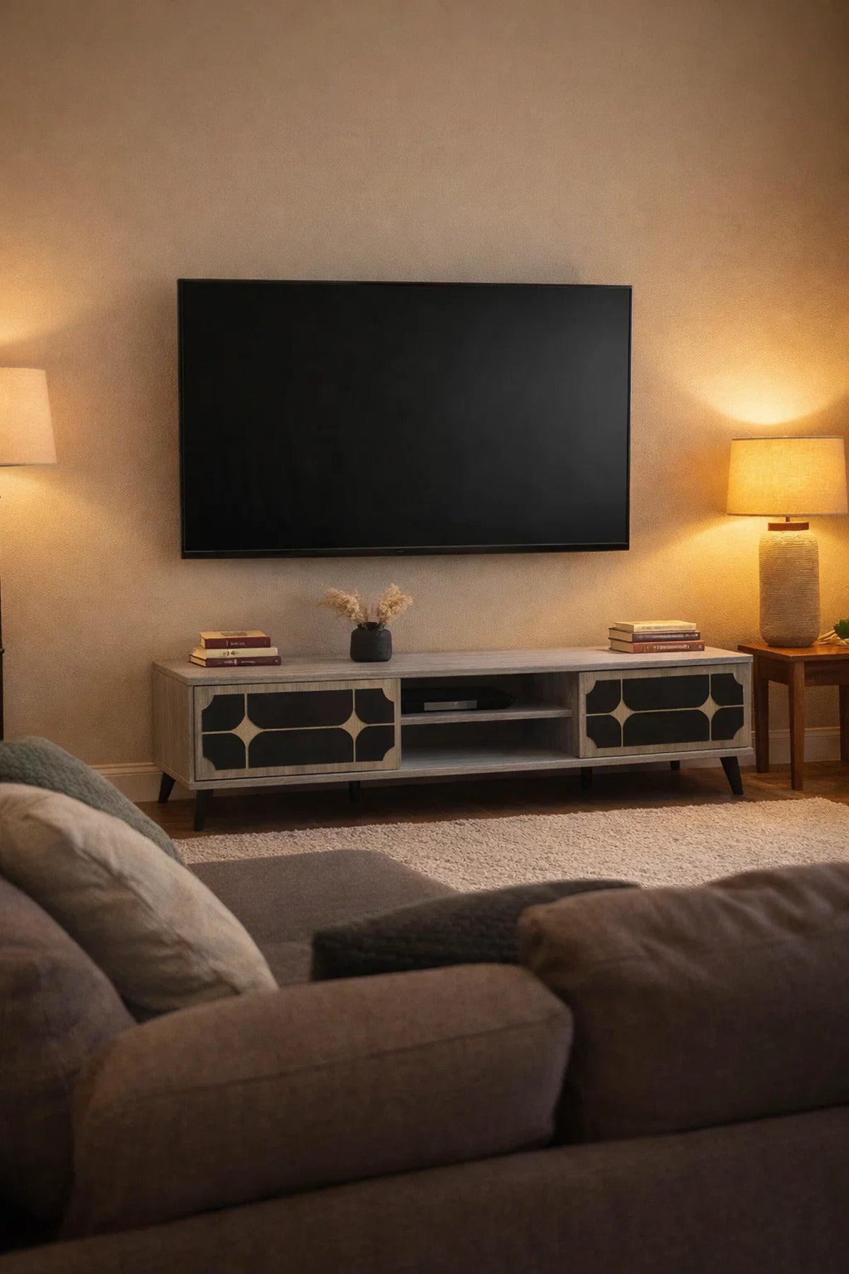 Modern 180cm TV Unit Entertainment Center Beige Wood Black Geometric Storage for Living Room Style