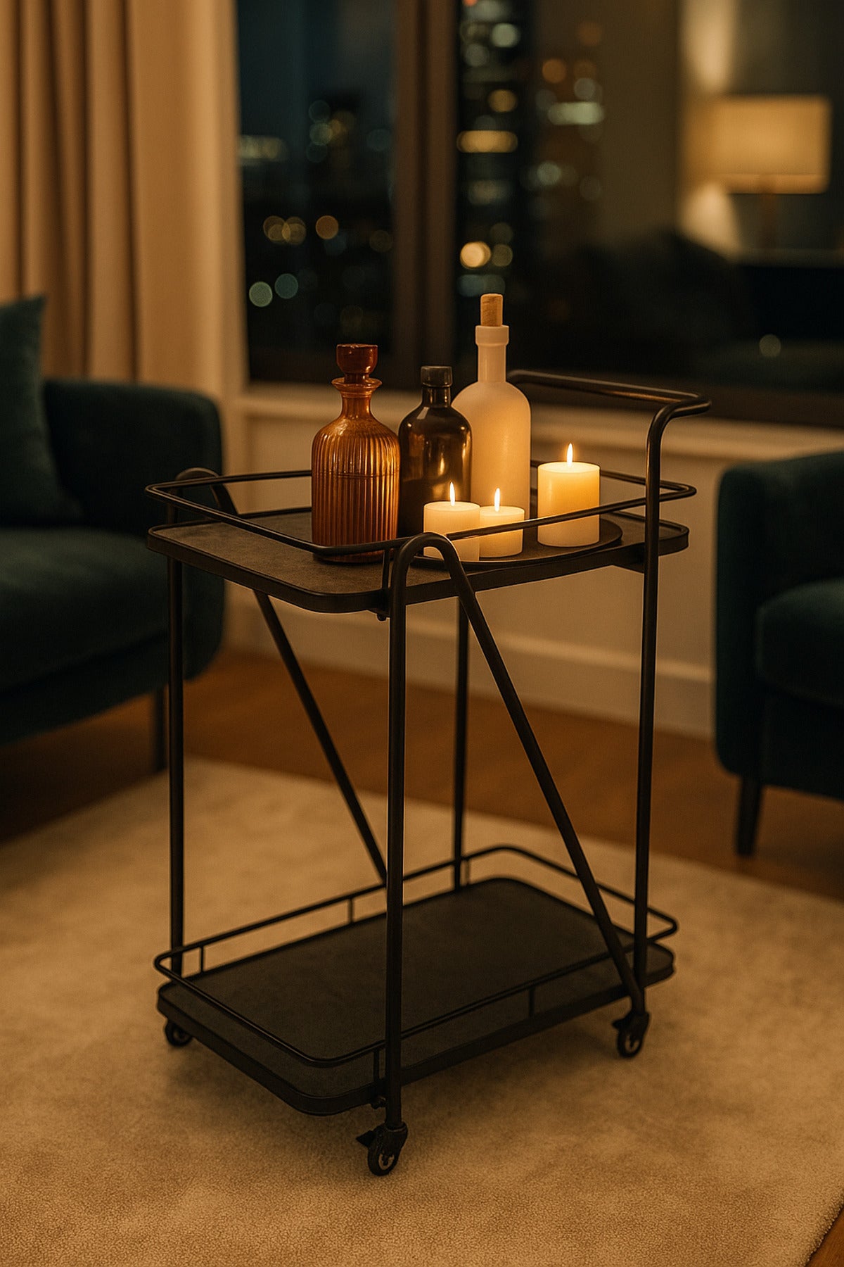 Modern Black Serving Trolley with 2Tier Shelves and Wheels Cart for Kitchen, Dining, or Living Room