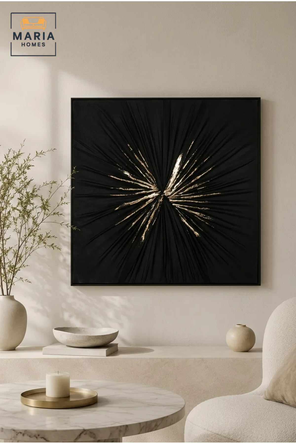 Modern Black Sunburst Framed Wall Art √ê Textured Abstract Statement Painting for Living Room, Bedroom & Office D≈Ωcor
