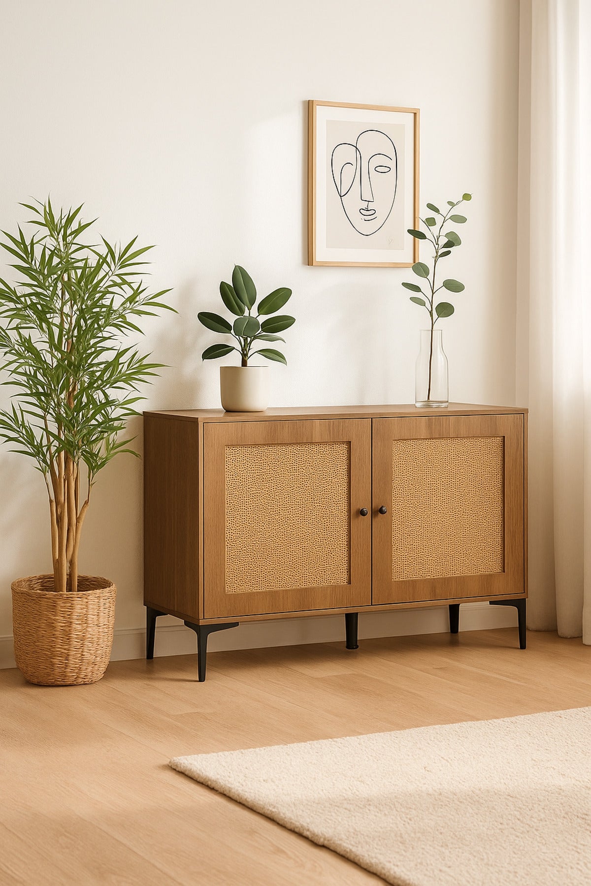 Brown Rattan Console Table 120_40_85 cm Ð Modern Wooden Storage Cabinet with Black Metal Legs