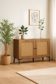 Brown Rattan Console Table 120_40_85 cm Ð Modern Wooden Storage Cabinet with Black Metal Legs