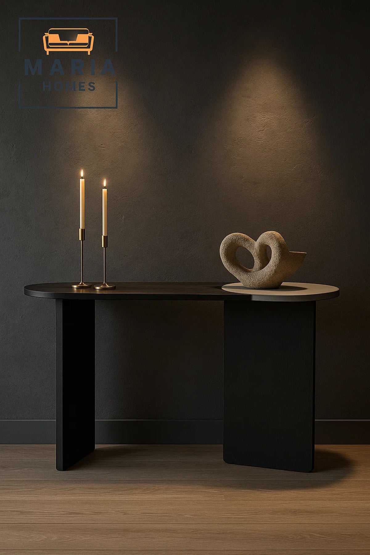 Black Half-Moon Console Table with White Marble Accent-size 160*40*80cm