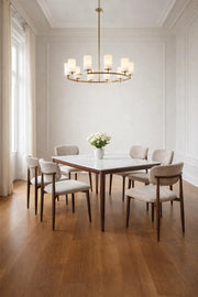 Luxury 6-Person Dining Table Set Faux Marble Top with Upholstered Fabric Chairs Brown Legs