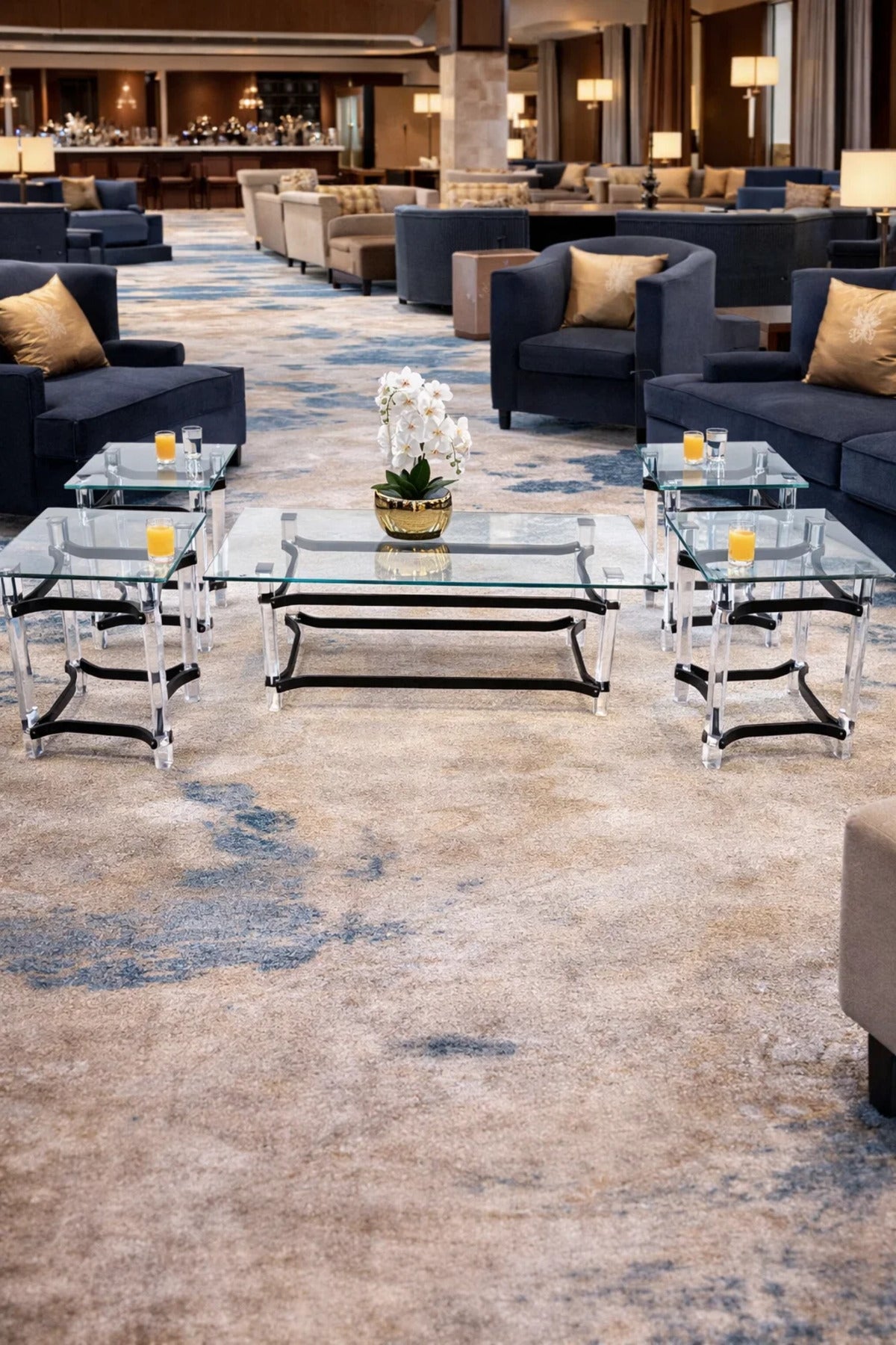 Modern 5-Piece Center Table Set Acrylic Legs Tempered Glass Top Black Details Living Room Unit