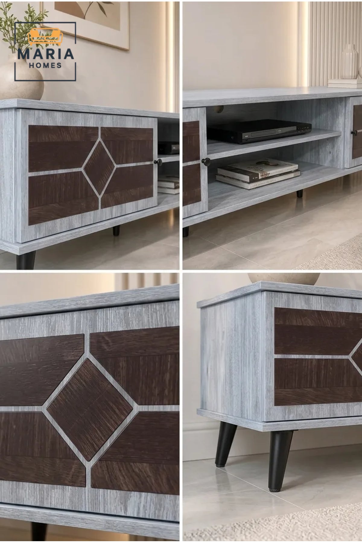 Modern Geometric TV Unit 200 _ 40 _ 45 cm √ê Wooden Entertainment Center with Storage Cabinets and Open Shelves