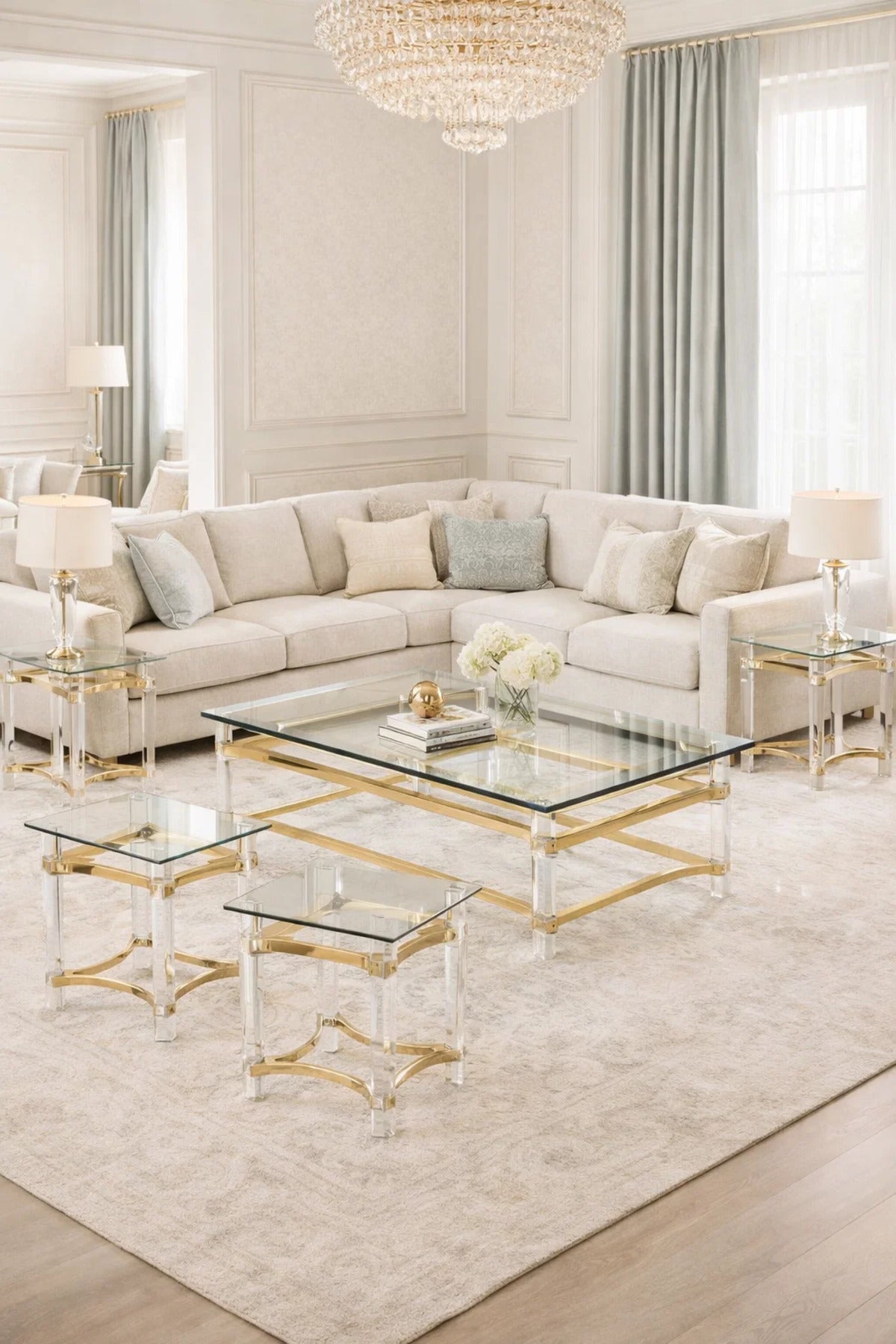 Luxury 5 Piece Acrylic Glass Table Set Gold Metal Frame Modern Living Room Furniture Set