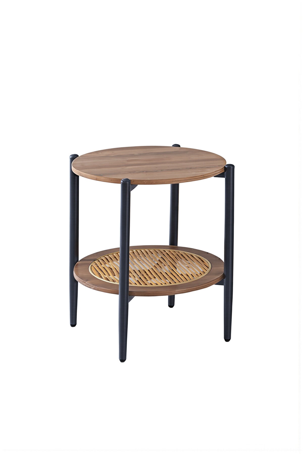 Modern Brown Side Table √ê Round Coffee Table with Rattan Storage Shelf 45_45_55 cm