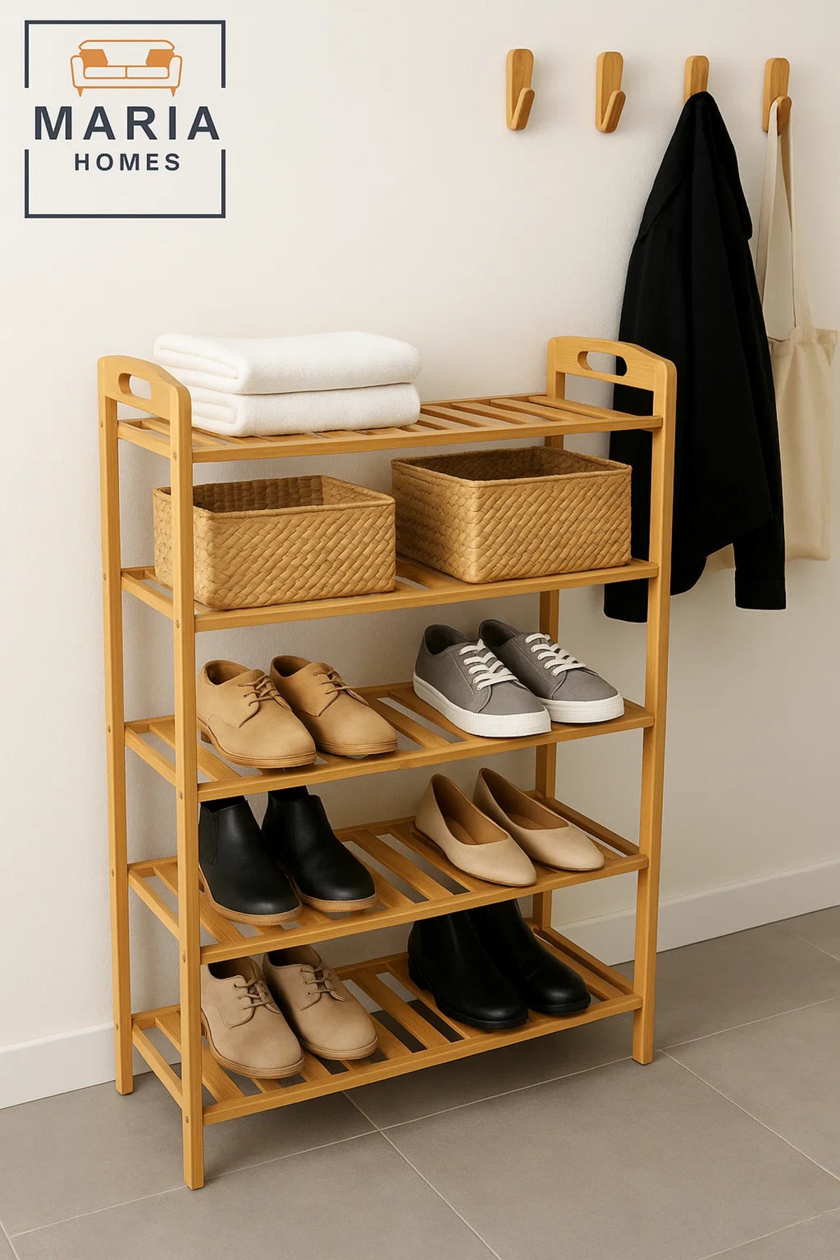 5-Tier Bamboo Shoe Rack Stand for Entryway or Closet Ð Slim, Spacious, and Natural Wood Finish