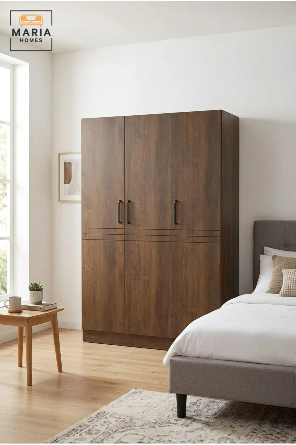 Modern 3-Door Wooden Wardrobe with Hanging Rail and Storage Shelves, Freestanding Bedroom Closet for Clothes, Accessories and Linen Organization