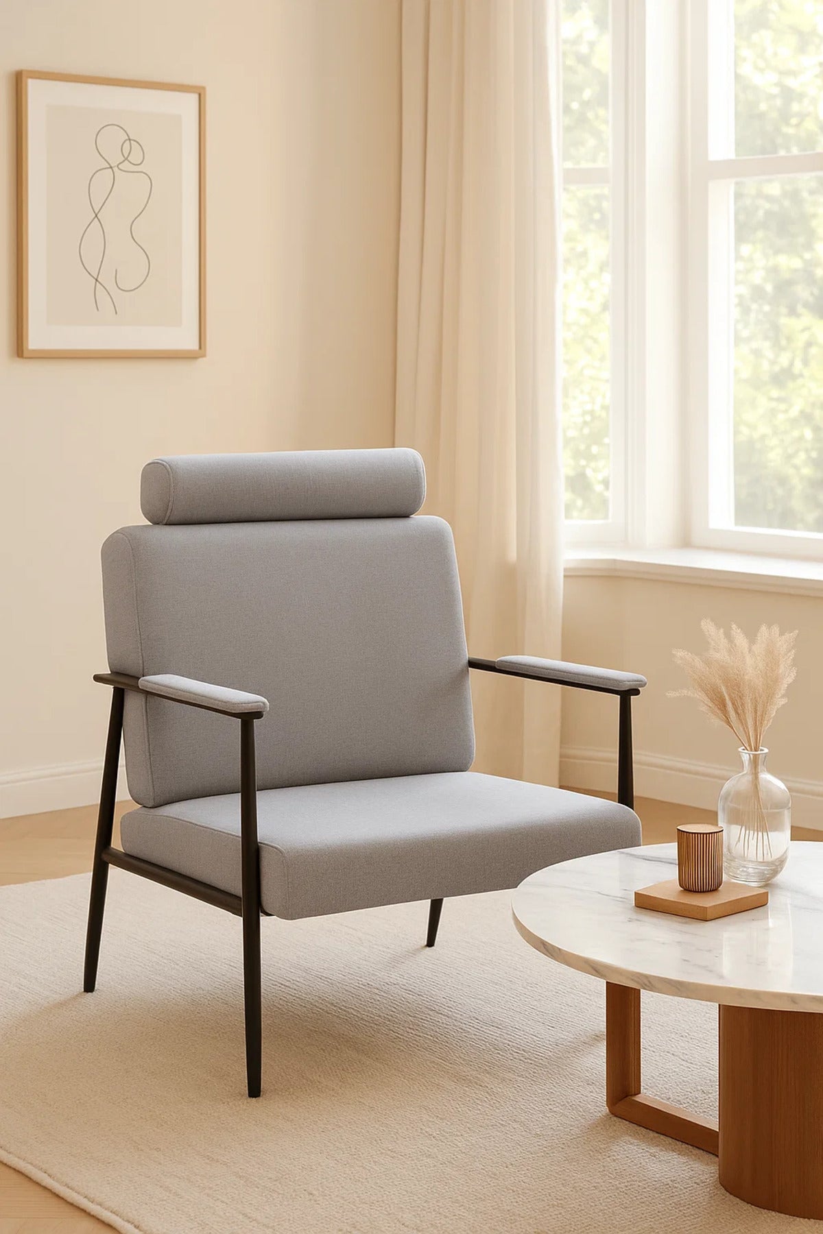 Light Grey Lounge Chair with Headrest | Modern Comfortable Armchair for Living Room & Office Decor