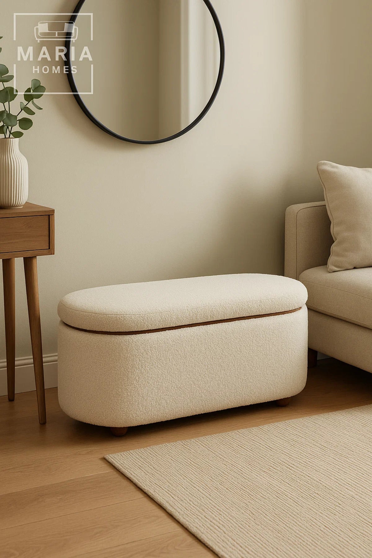 Oval Upholstered Ottoman with Storage and Wooden Feet