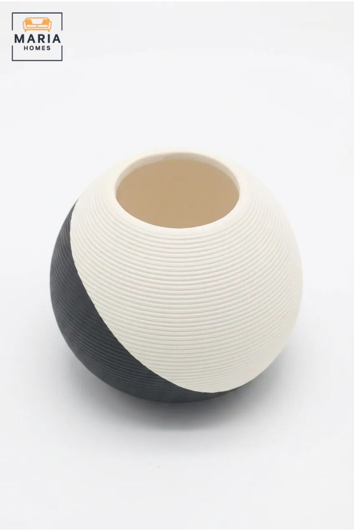 Modern Decorative Flower Vase with Two-Tone Abstract Design, Round Shape and Ribbed Texture for Living Room, Bedroom, Office, Shelf and Console Décor