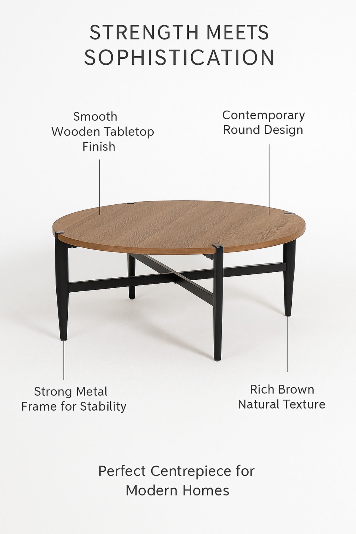 Round Brown Coffee Table with Black Metal Legs Ð Modern Wooden Center Table for Living Room 90_45 cm