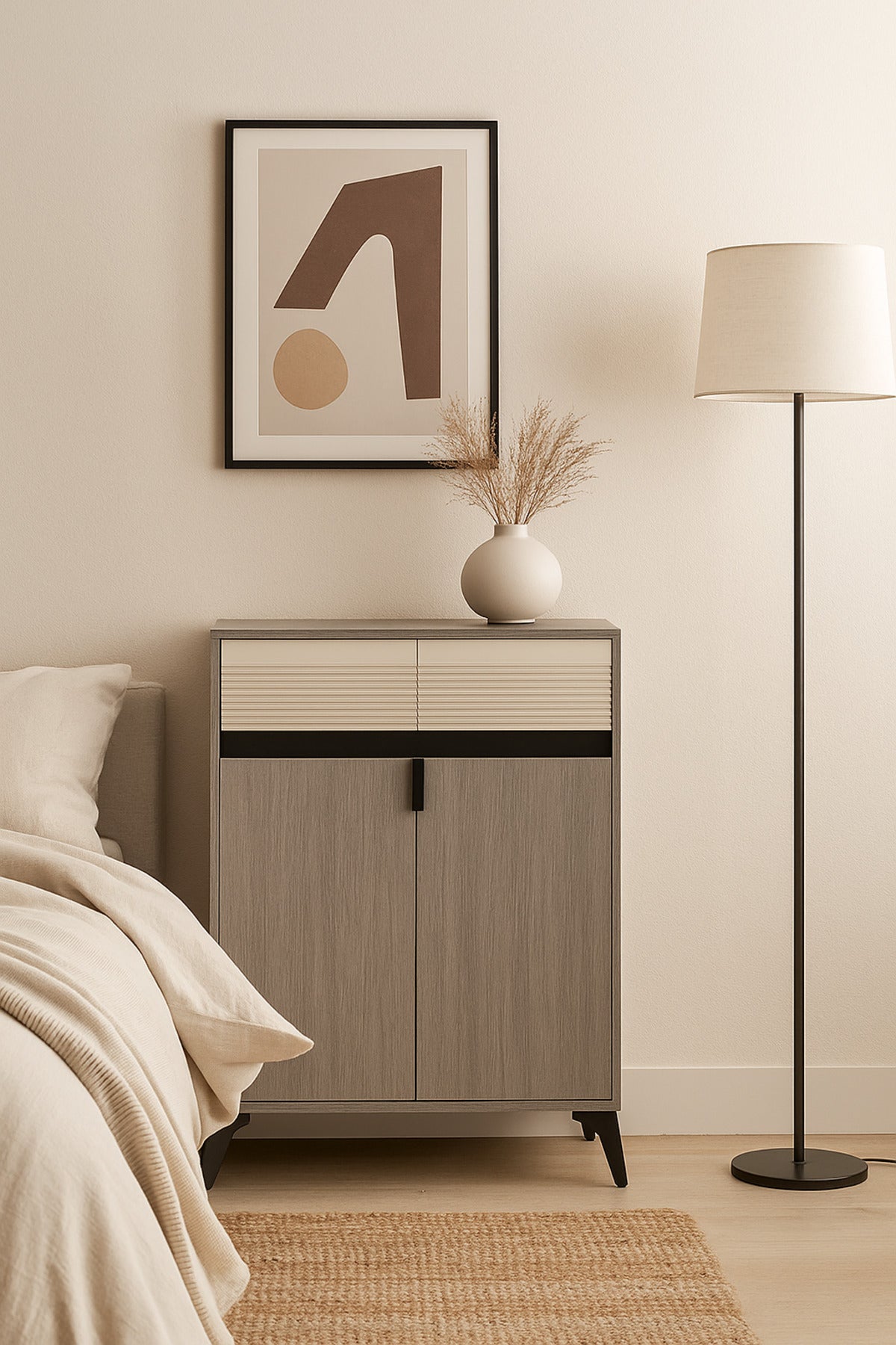 Modern Grey Storage Cabinet with Cream Drawers Ð 2-Door Wooden Sideboard 80_33_95 cm