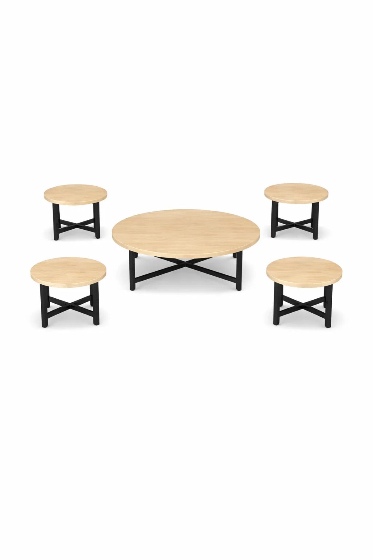 Modern Round Wood Center Table Set 1+4 with Black Metal Legs for Stylish Living Room Floor Use