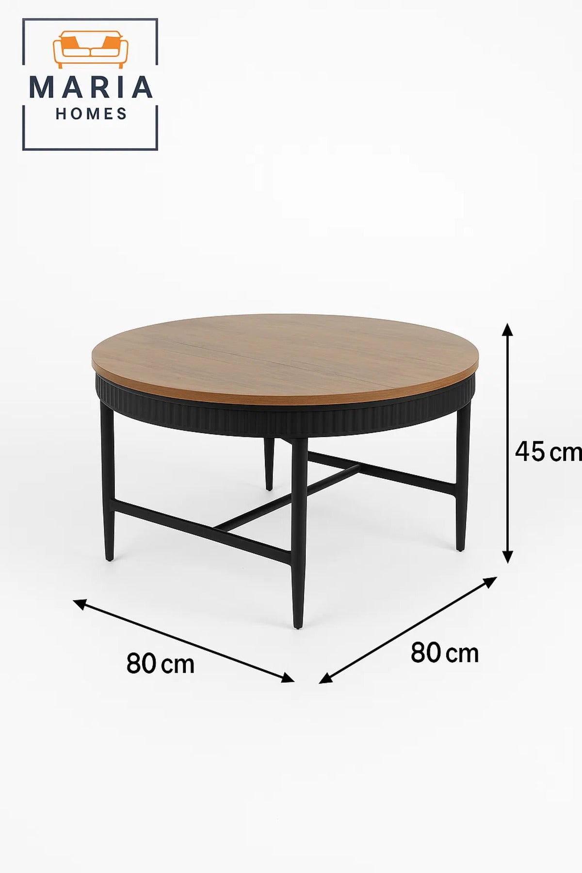 Round wooden coffee table with black fluted edge and base