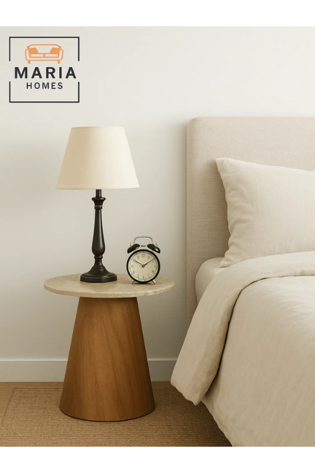 Modern Round Side Table 45_55 cm Ð Brown Wooden Base with Faux Marble Top