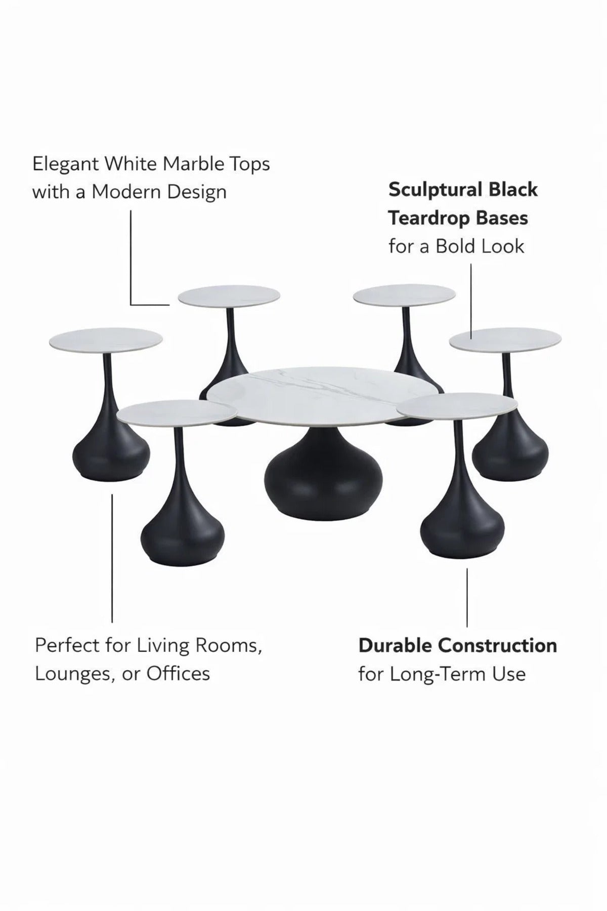 Stylish 7-Piece Ceramic Center Table Set with 6 Matching Side Tables Black Base Living Room