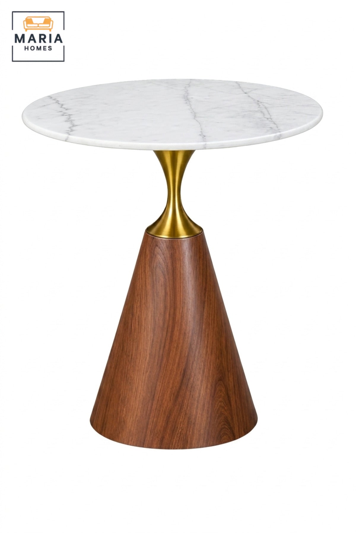 Modern Round Side Table with White Marble-Effect Top, Walnut Cone Base and Gold Accent Pedestal for Living Room & Bedroom – 60 × 67.5 CM