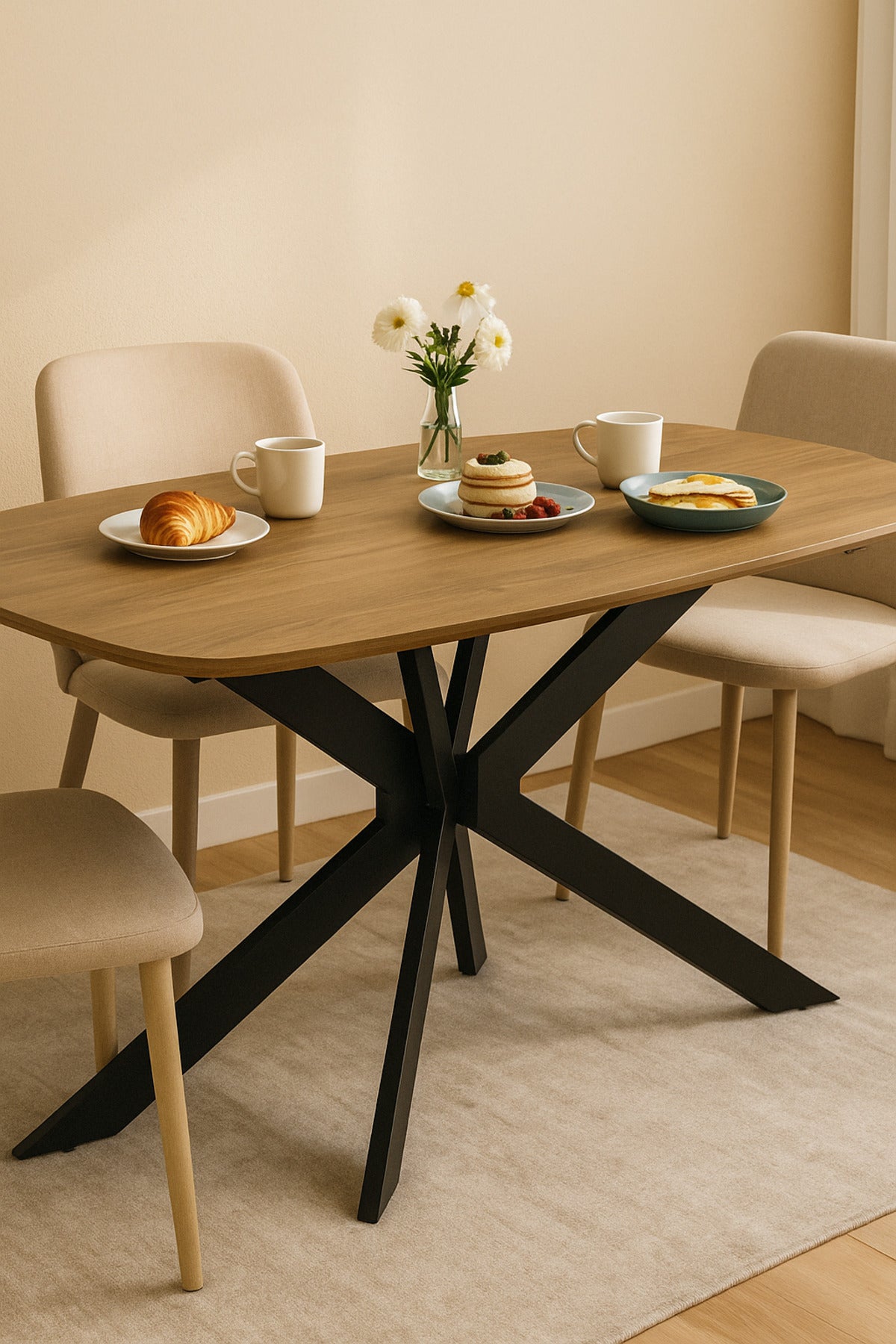 Modern Brown Dining Table Ð 180_90_75 cm | Elegant Wooden Top Table with Black Metal Cross Legs