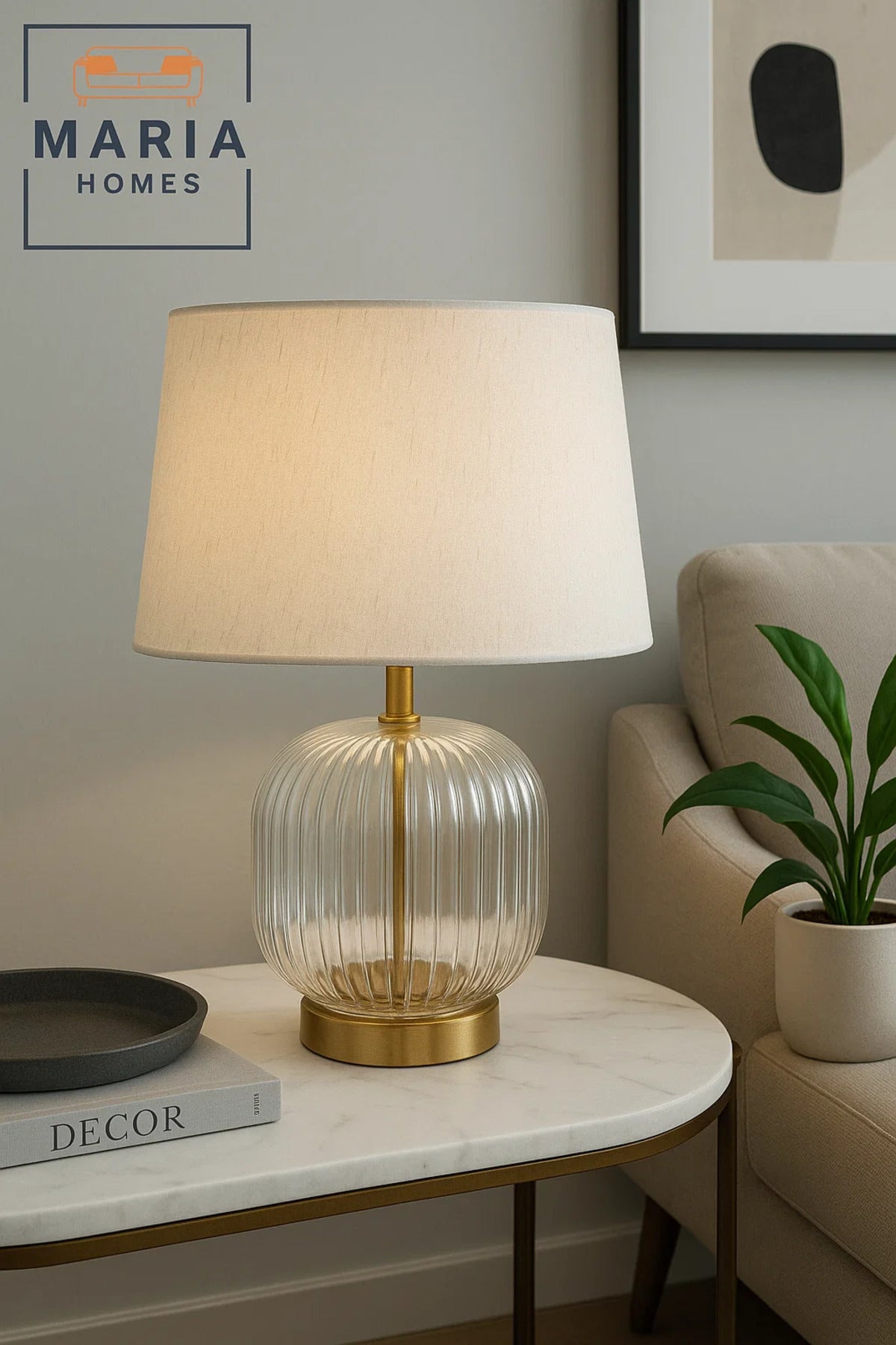 Glass Table Lamp with Ribbed Base and Fabric Shade