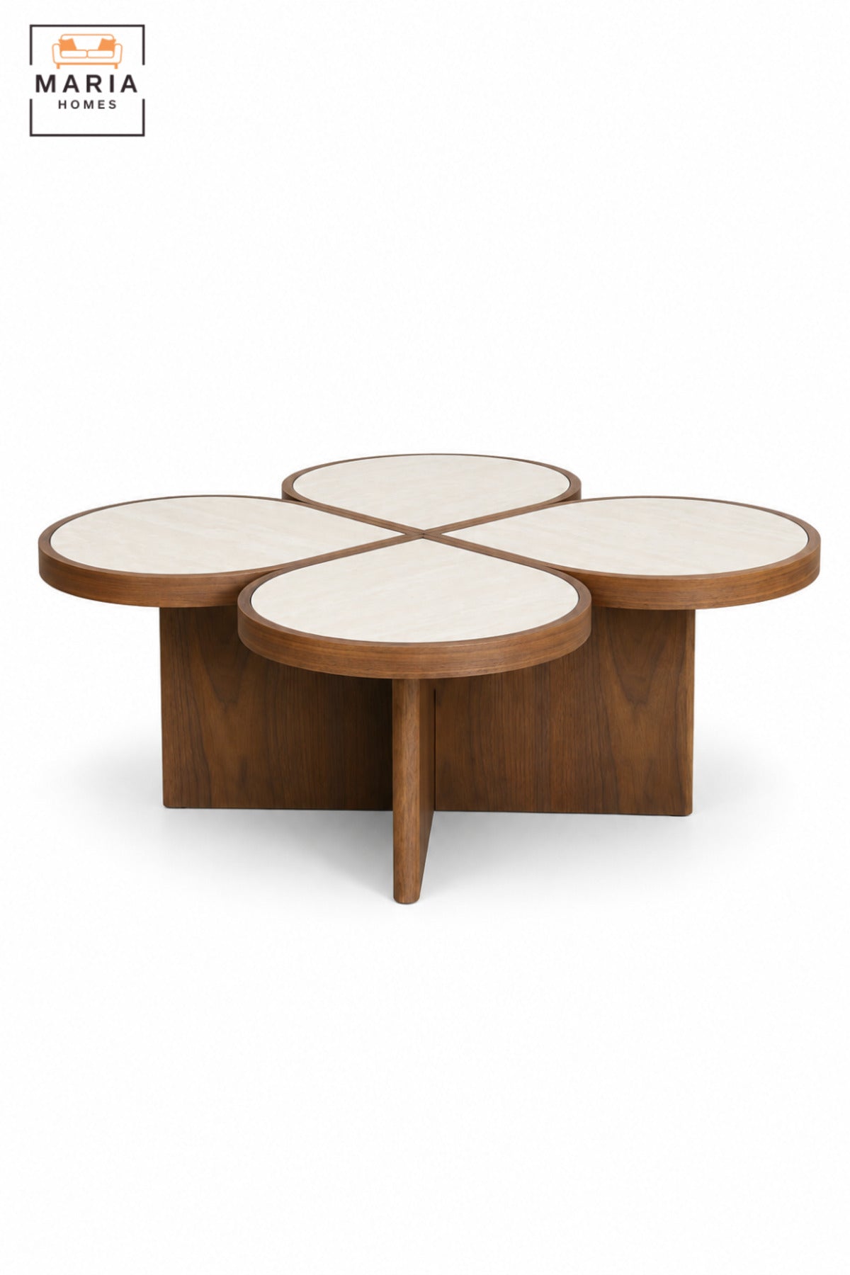 Modern Flower-Shaped Coffee Table with 4 Round Petal Tops, Wood Finish Base and Contemporary Design for Living Room & Lounge – 95.5 × 42 CM