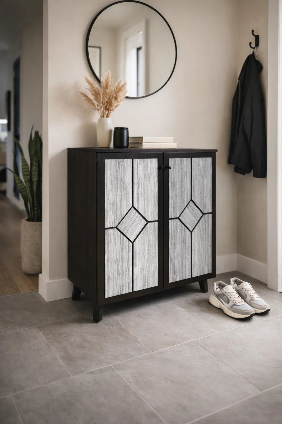 Elegant Two Door Shoe Cabinet with Geometric Pattern for Hallway Organization and Home Decor Brown