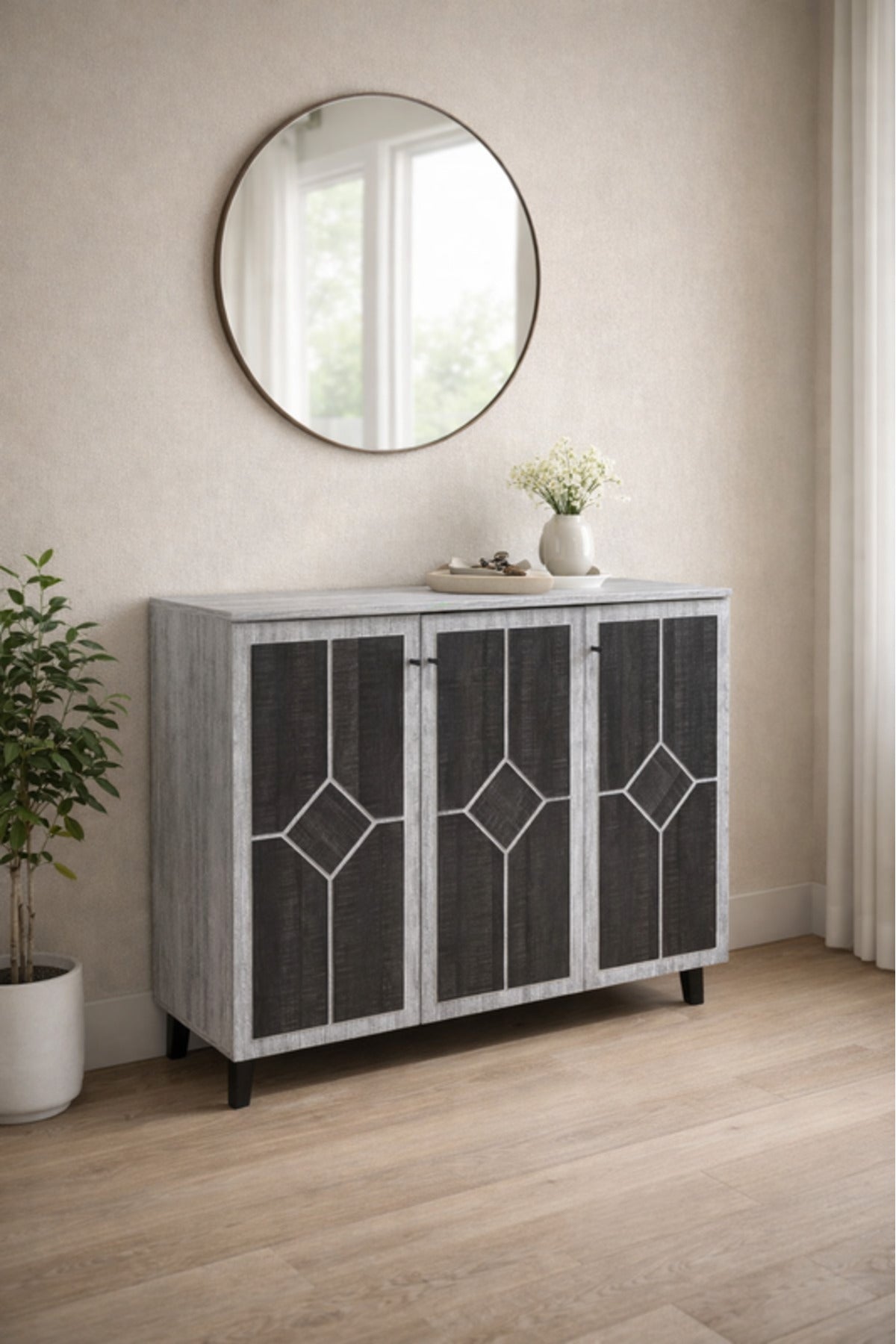 Modern Grey Wood Shoe Cabinet 3-Door Entryway Organizer Rack Geometric Design 120cm Width