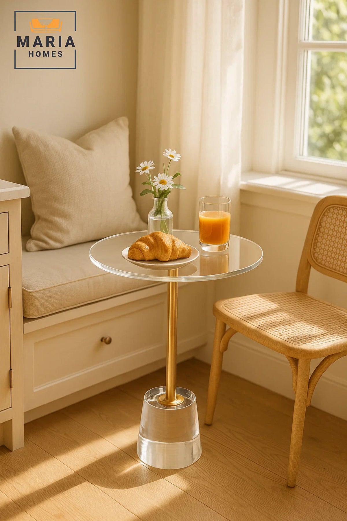 Modern Acrylic Round Side Table 40_40_50 cm with Gold Metal Support Clear Crystal Base