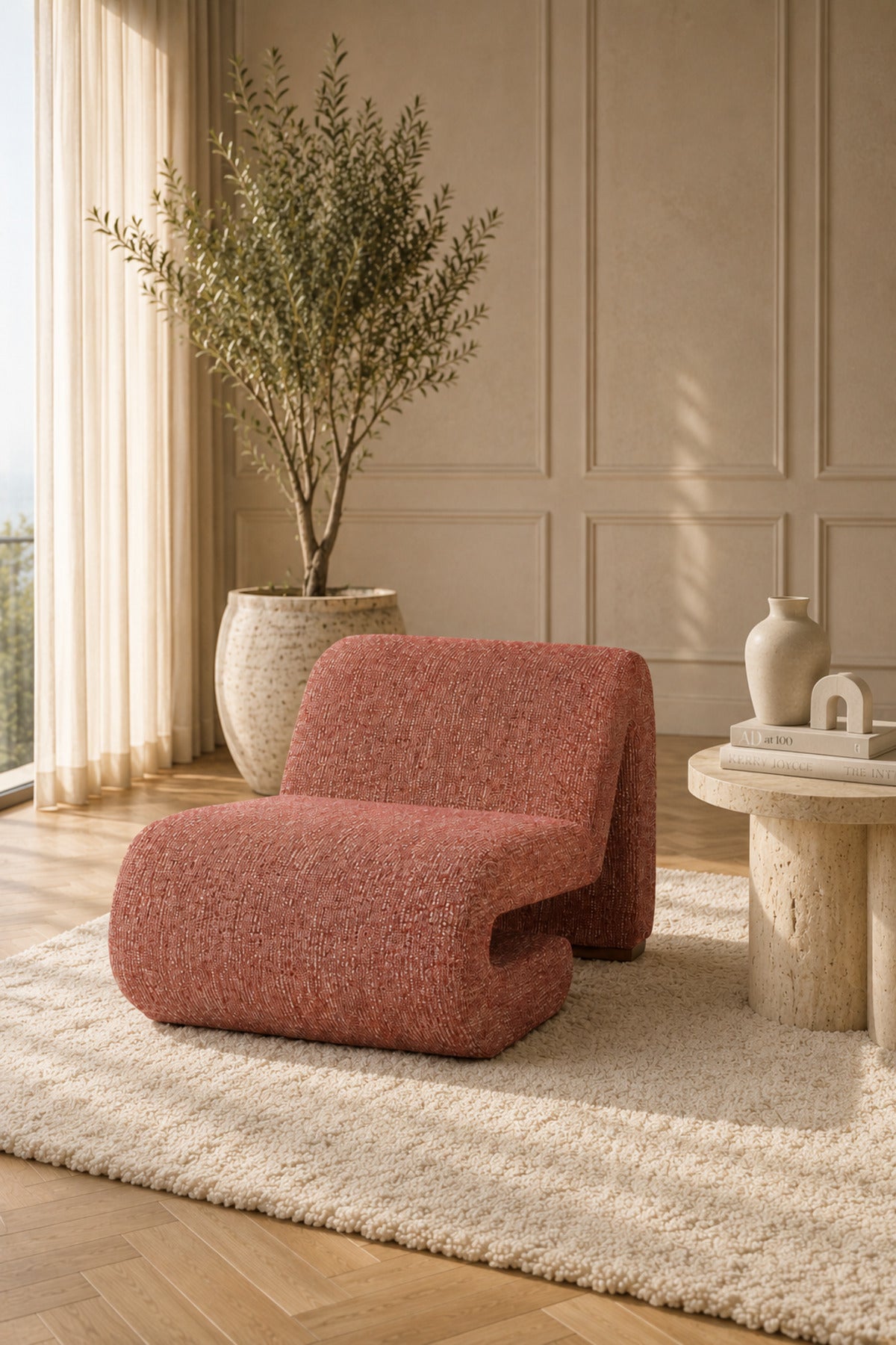 Modern Curved BouclŽ Accent Lounge Chair Ð Scandinavian Upholstered Leisure Chair for Living Room, Bedroom & Hotel Lounge | Red Textured Fabric