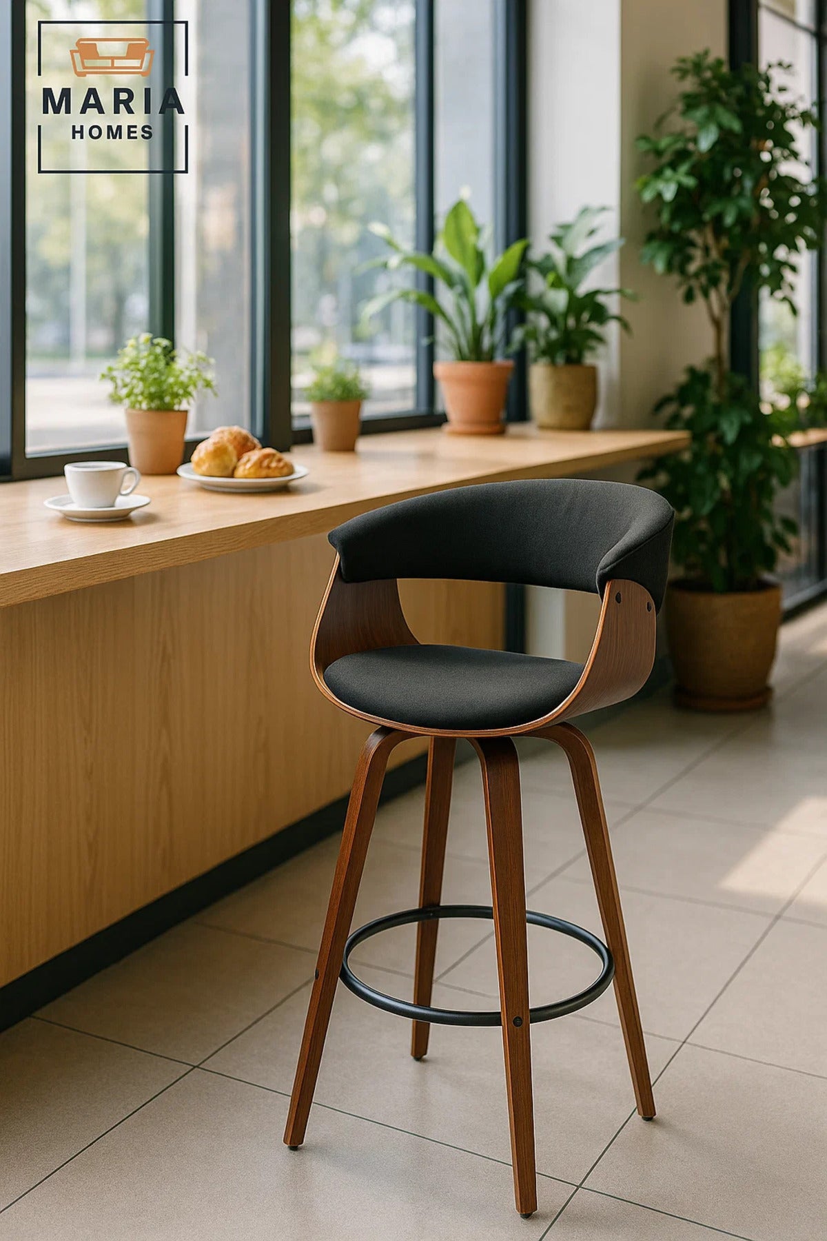 Black Swivel Bar Stool with Curved Wood Backrest, Upholstered Seat, Metal Footrest for Kitchen