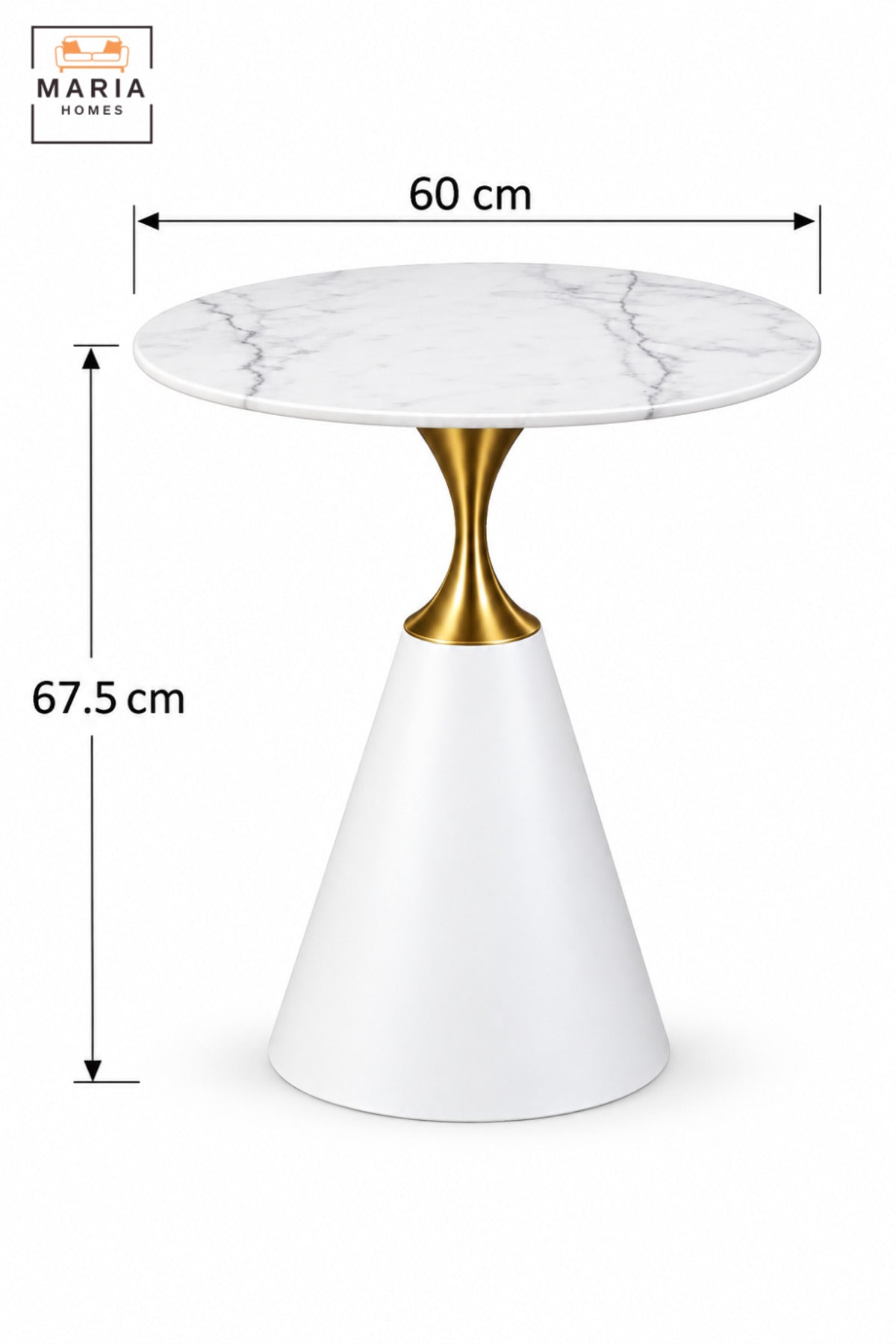 Modern Round Side Table with White Marble-Effect Top, White Cone Pedestal Base and Gold Accent for Living Room & Bedroom – 60 × 67.5 CM