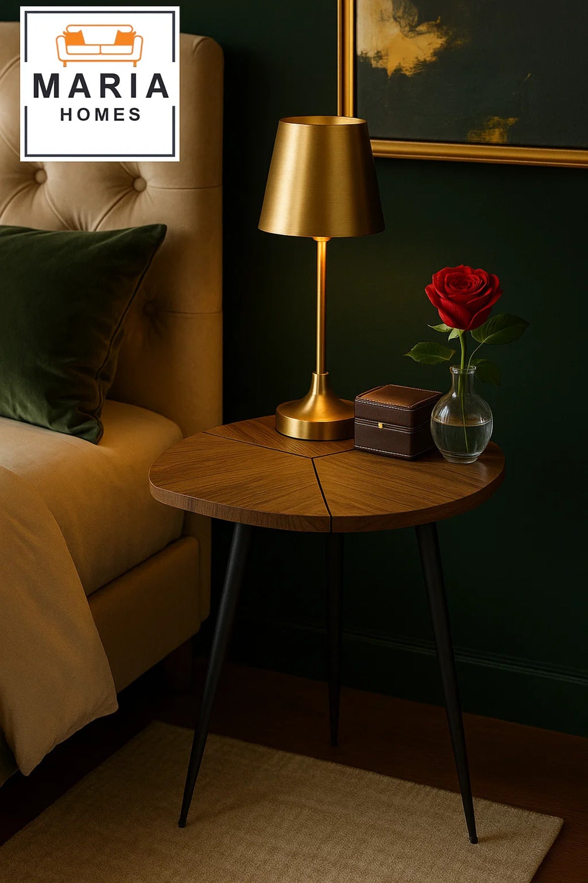 Triangular Side Table with Wood Grain Top and Black Legs