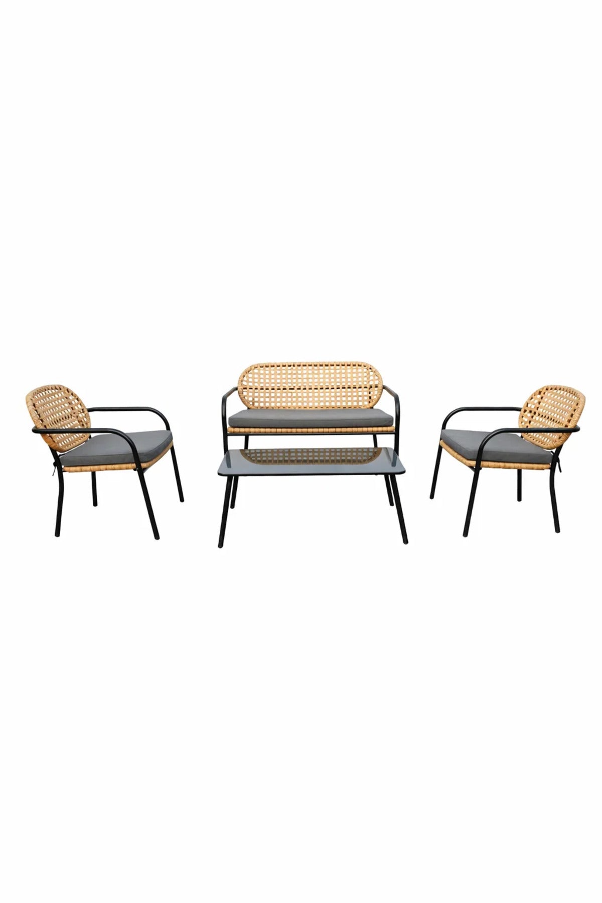 Stylish 4-Piece Wicker Patio Furniture Set with Black Metal Frame Grey Cushions Coffee Table