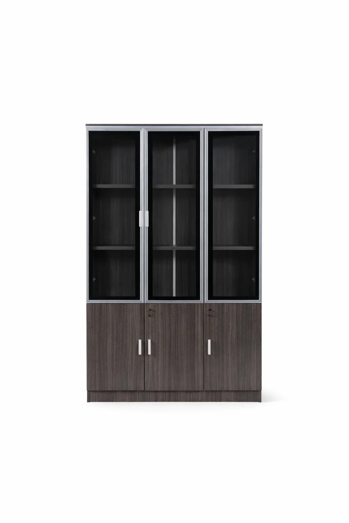 Elegant High Capacity Grey Office File Cabinet with Glass Upper Doors and Secure Locking Storage