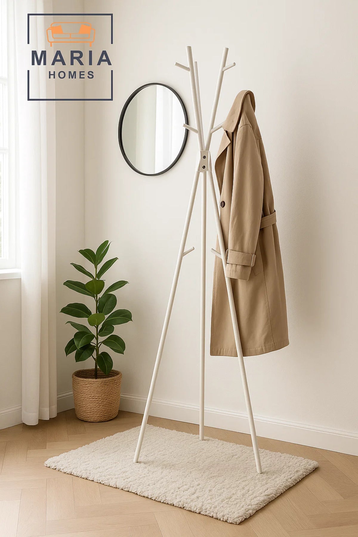 Tripod-Style White Metal Coat Rack