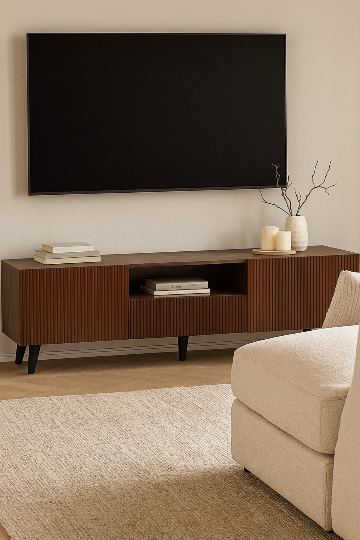 Brown Wooden TV Stand 180_40_55 cm Ð Modern Ribbed Design TV Unit with Storage Cabinets