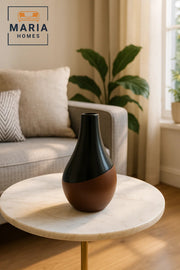 Modern Ceramic Vase with Glossy Black & Wood-Tone Base Ð Teardrop Shape